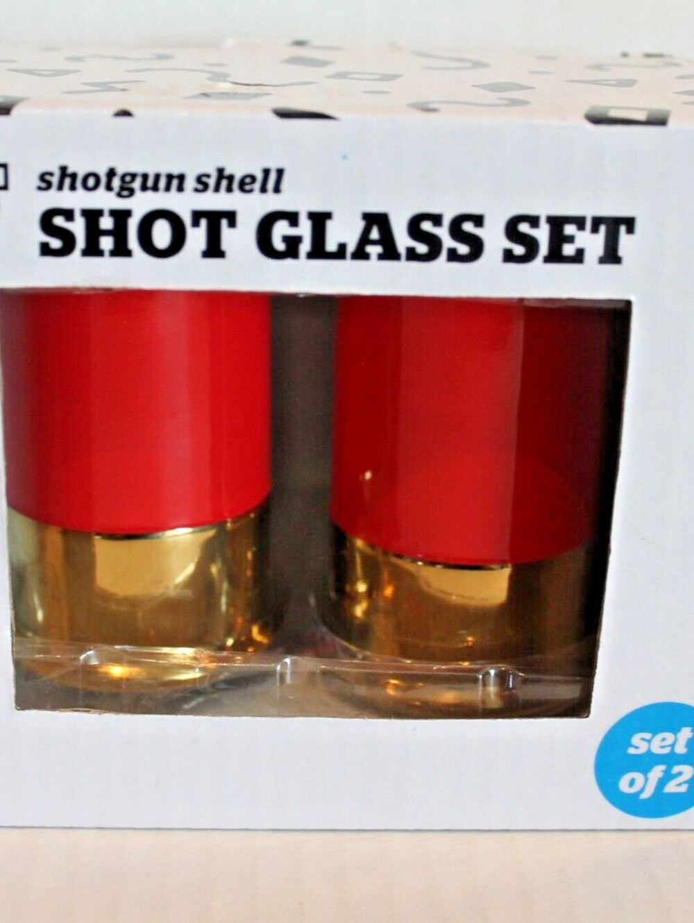 NEW Set of 2 Shotgun Shell Shot Glasses Red / Gold Shot Glass Set in Gift Box